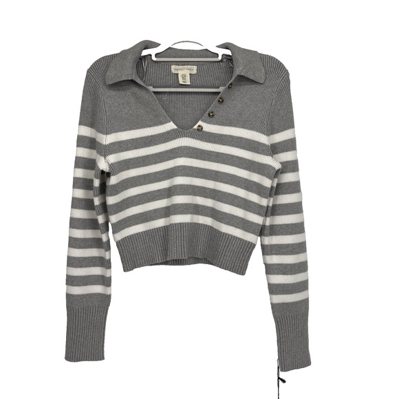 Cropped Sweater Womens Medium Happily Grey and White Striped Soft Thick Cozy - Picture 1 of 6
